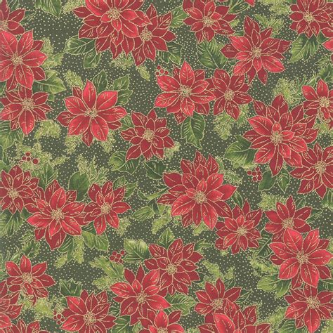 Poinsettia Evergreen Metallic Fabric Yardage 